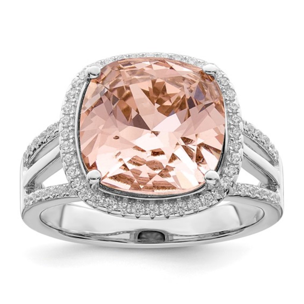 925 Sterling Silver Rhodium-Plated Polished Cz And Peach Crystal Ring